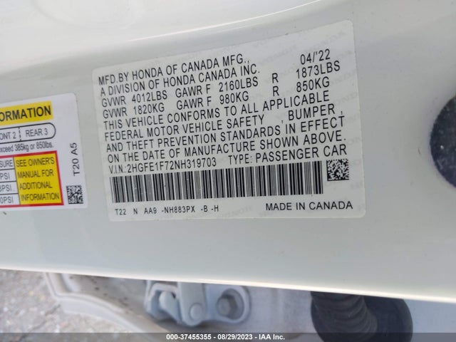 Honda CIVIC EX 2022 2HGFE1F72NH319703 Image 9