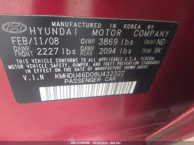 2008 HYUNDAI ELANTRA GLS/SE VIN: KMHDU46D08U432322