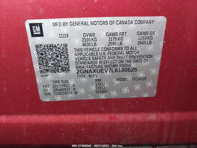 2020 CHEVROLET EQUINOX LT VIN: 2GNAXUEV7L6180625