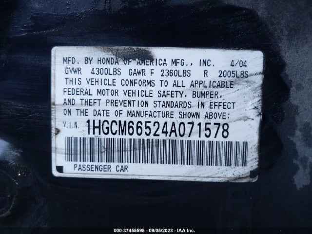 2004 HONDA ACCORD SDN EX VIN: 1HGCM66524A071578