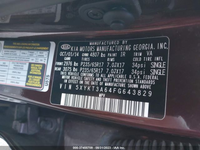 5XYKT3A64FG643829 KIA SORENTO LX