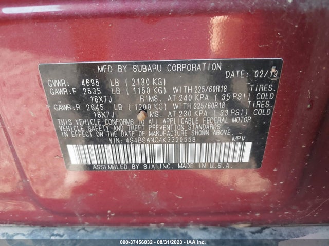 2019 SUBARU OUTBACK LIMITED VIN: 4S4BSANC4K3320558