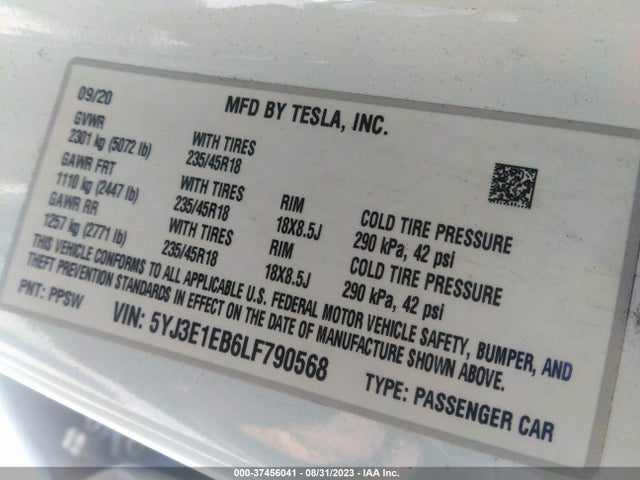 Tesla Model 3 Long Range 2020 5YJ3E1EB6LF790568 Image 9