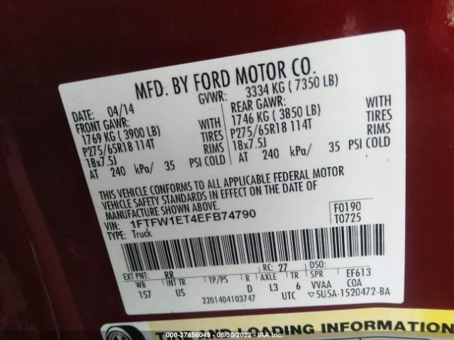 1FTFW1ET4EFB74790 Ford F-150 Xl/xlt/fx4/lariat