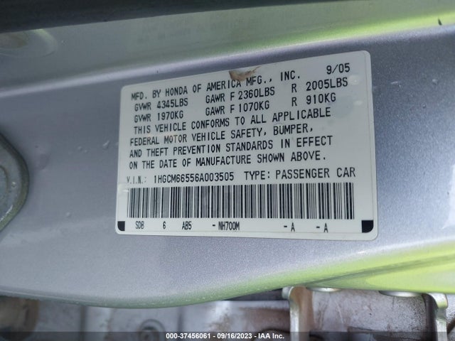 2006 HONDA ACCORD SDN EX-L V6 VIN: 1HGCM66556A003505