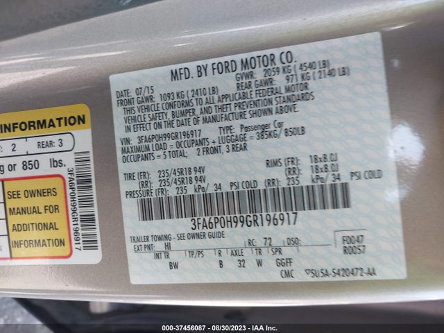 Ford FUSION SE 2016 3FA6P0H99GR196917 Image 9