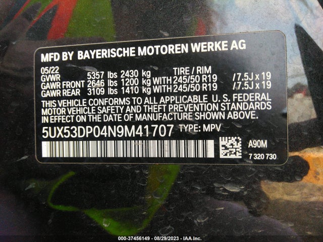 BMW X3 Xdrive30i 2022 5UX53DP04N9M41707 Image 9