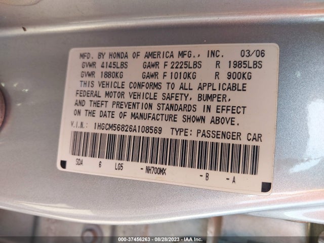 2006 HONDA ACCORD SDN EX-L VIN: 1HGCM56826A108569