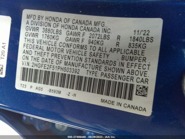 2HGFE2F51PH503392 Honda Civic Sedan Sport