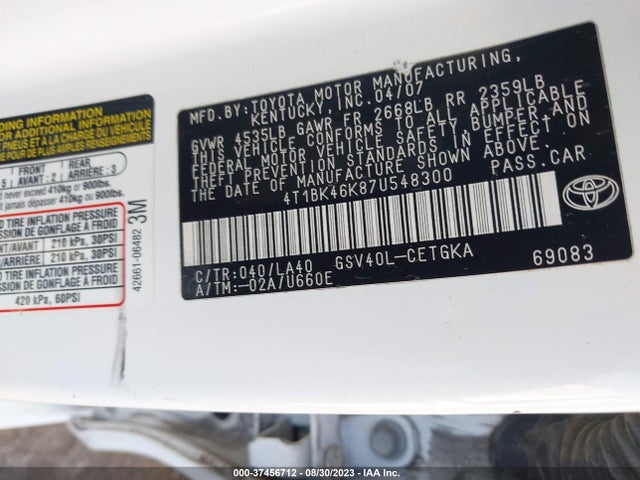 2007 TOYOTA CAMRY LE/SE/XLE VIN: 4T1BK46K87U548300