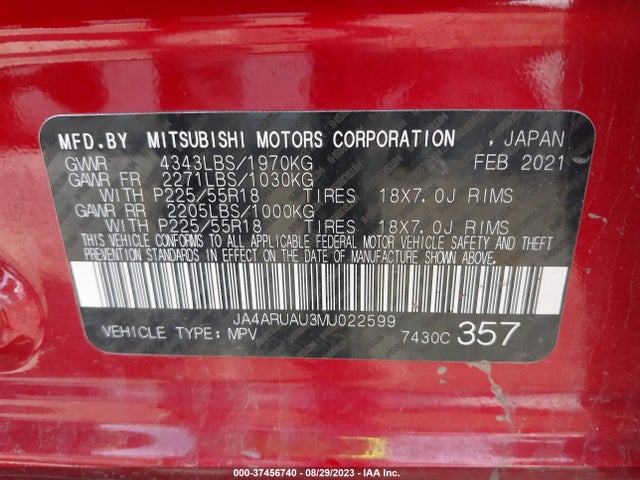 JA4ARUAU3MU022599 Mitsubishi Outlander Sport Es/se/le/be