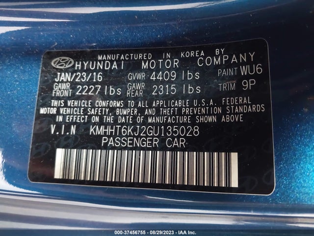 2016 HYUNDAI GENESIS COUPE 3.8L BASE VIN: KMHHT6KJ2GU135028