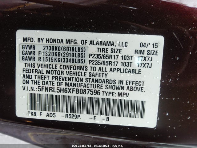 Honda Odyssey Ex-l 2015 5FNRL5H6XFB087596 Image 9