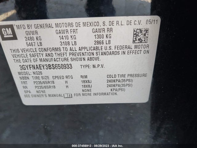 2011 CADILLAC SRX LUXURY COLLECTION VIN: 3GYFNAEY3BS650933