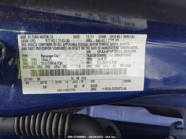 2012 FORD FOCUS SE VIN: 1FAHP3F25CL304300