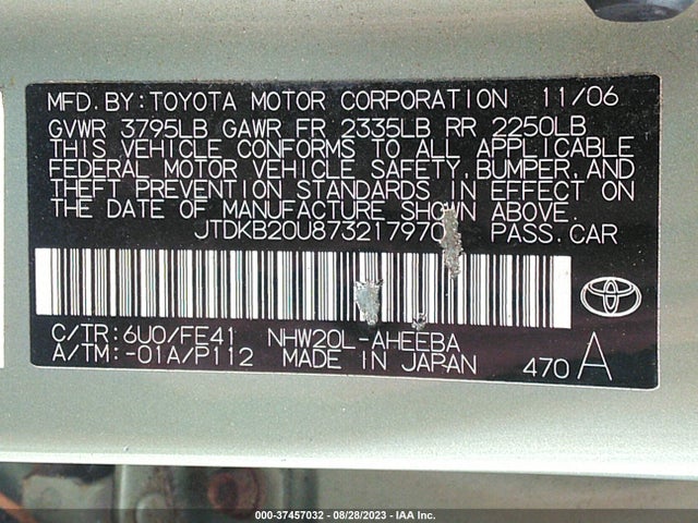 37457032 :رقم المزاد ، JTDKB20U873217970 vin ، 2007 Toyota Prius مزاد بيع