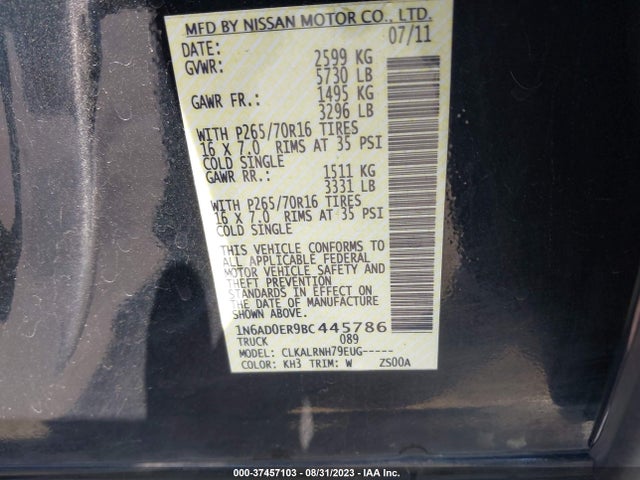 2011 NISSAN FRONTIER S VIN: 1N6AD0ER9BC445786
