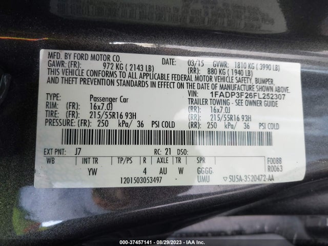 Ford FOCUS SE 2015 1FADP3F26FL252307 Image 9