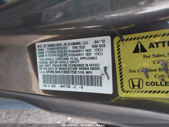 2012 HONDA ODYSSEY EX-L VIN: 5FNRL5H61CB087238