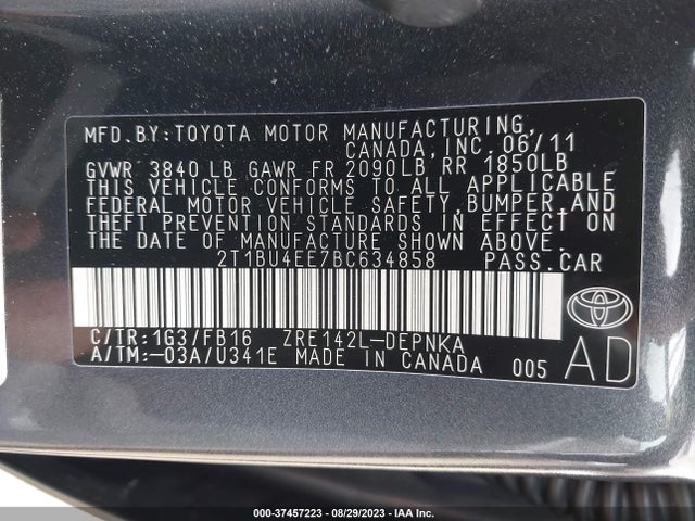 2011 TOYOTA COROLLA L/LE/S VIN: 2T1BU4EE7BC634858