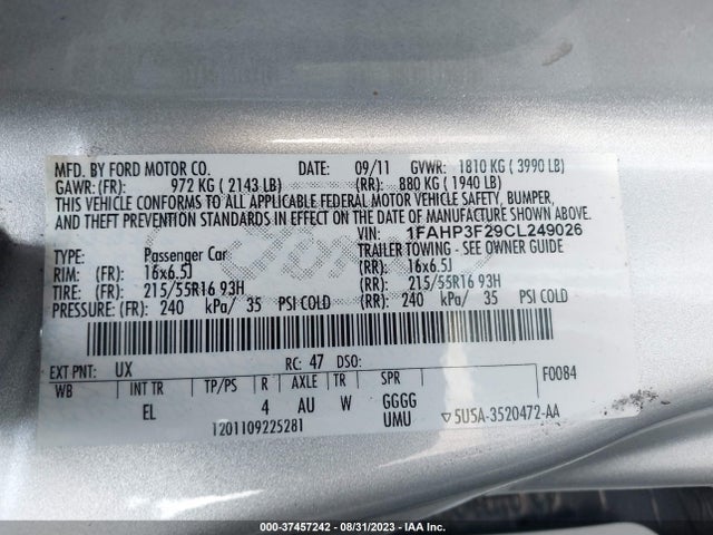2012 FORD FOCUS SE VIN: 1FAHP3F29CL249026