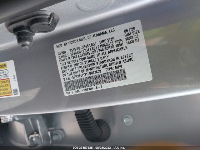 Honda Pilot Ex 2020 5FNYF5H31LB027808 Image 9