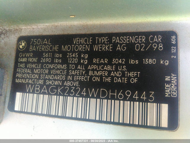 1998 BMW 7 SERIES 750IL VIN: WBAGK2324WDH69443