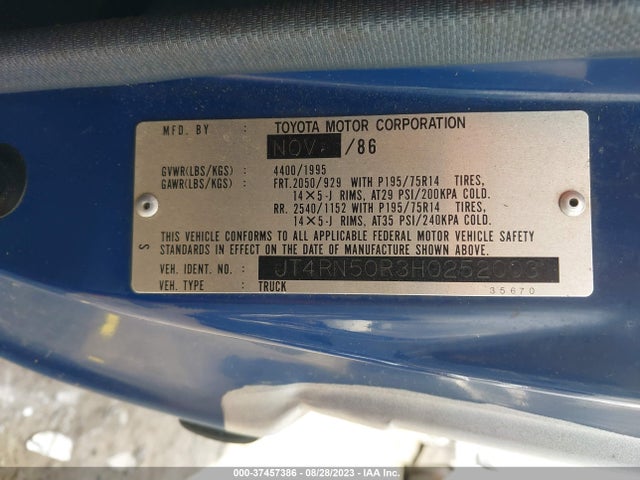 1987 TOYOTA PICKUP 1/2 TON RN50 VIN: JT4RN50R3H0252003