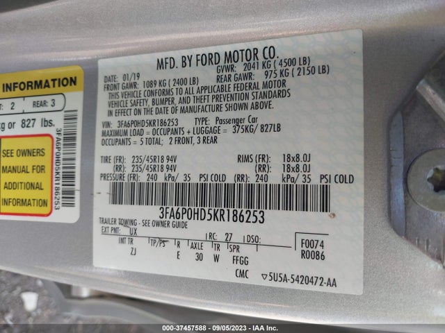Ford FUSION SE 2019 3FA6P0HD5KR186253 Image 15