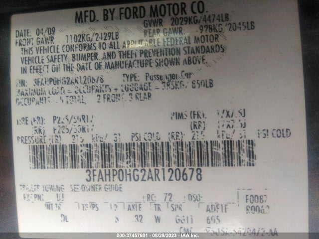 2010 FORD FUSION SE VIN: 3FAHP0HG2AR120678