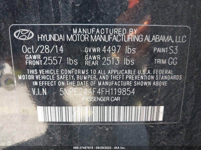 Hyundai Sonata 2.4l Se 2015 5NPE24AF4FH119854 Image 10