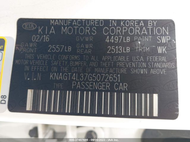 KNAGT4L37G5072651 KIA Optima Lx