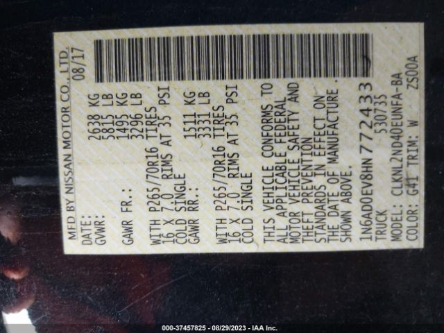 1N6AD0EV8HN772433 Nissan Frontier Sv V6