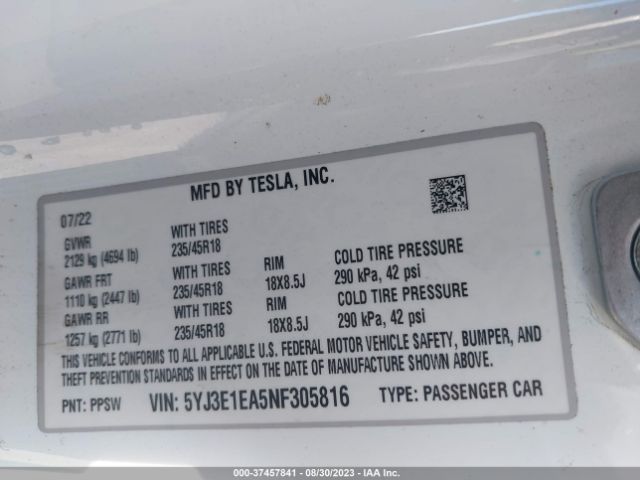 5YJ3E1EA5NF305816 Tesla MODEL 3