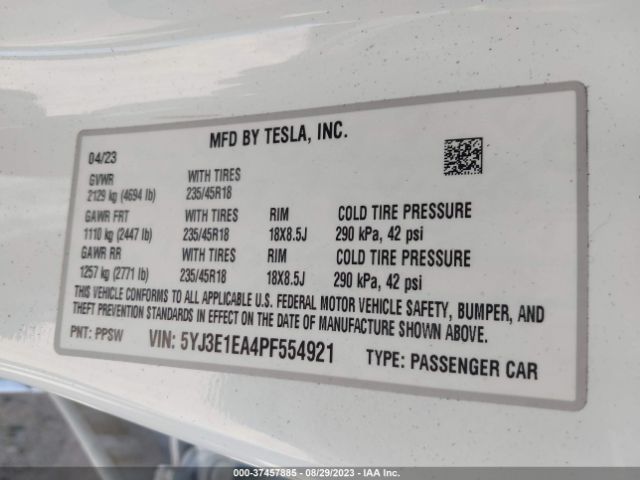 5YJ3E1EA4PF554921 Tesla MODEL 3