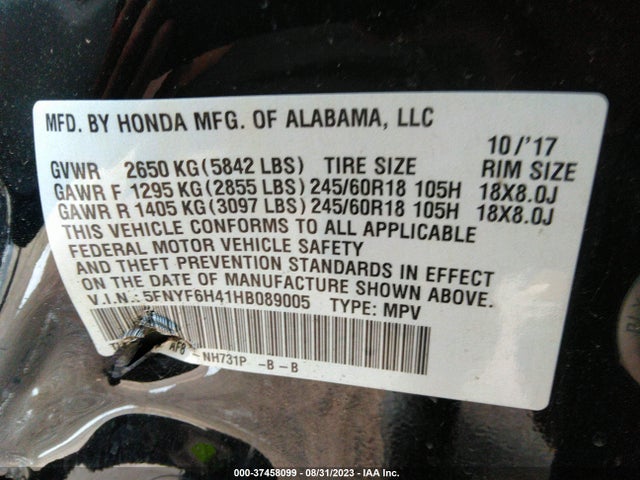 Honda Pilot Ex 2017 5FNYF6H41HB089005 Image 9
