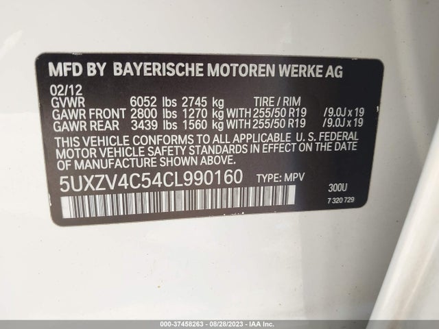 2012 BMW X5 35I VIN: 5UXZV4C54CL990160