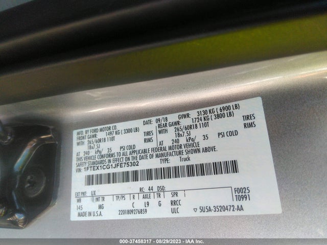 2018 FORD F-150 XL/XLT/LARIAT VIN: 1FTEX1CG1JFE75302