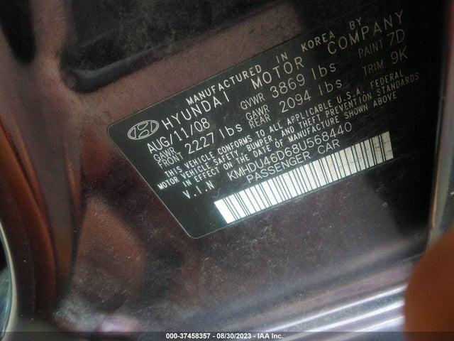 2008 HYUNDAI ELANTRA GLS/SE VIN: KMHDU46D68U568440