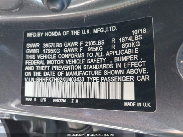 SHHFK7H92KU403433 Honda Civic Hatchback Sport Touring