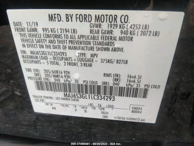 2020 FORD ECOSPORT SE VIN: MAJ6S3GL1LC334293