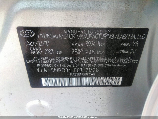 2018 HYUNDAI ELANTRA SEL VIN: 5NPD84LF0JH217912