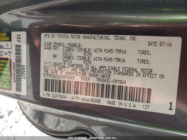 Toyota Tacoma Sr 2016 5TFRX5GN2GX072465 Image 9