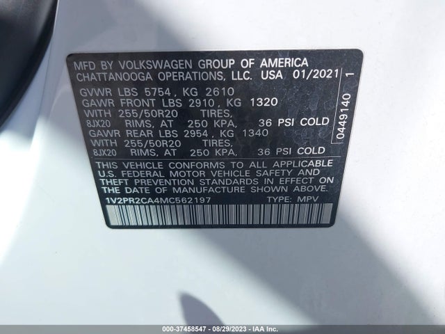 1V2PR2CA4MC562197 Volkswagen Atlas 3.6l V6 Se W