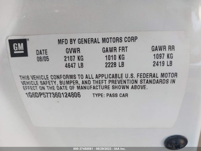 2006 CADILLAC CTS STANDARD VIN: 1G6DP577360124806