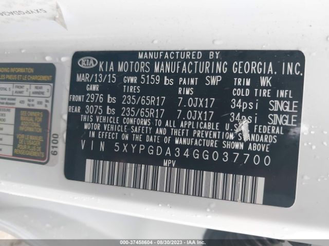 5XYPGDA34GG037700 KIA SORENTO LX