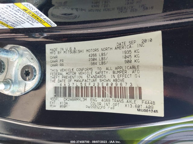 2011 MITSUBISHI ECLIPSE GS SPORT VIN: 4A37L5EF2BE009673