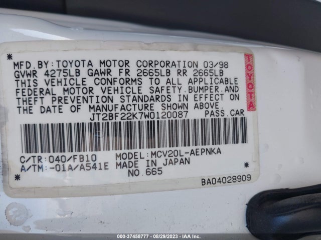 1998 TOYOTA CAMRY LE/XLE/CE VIN: JT2BF22K7W0120087