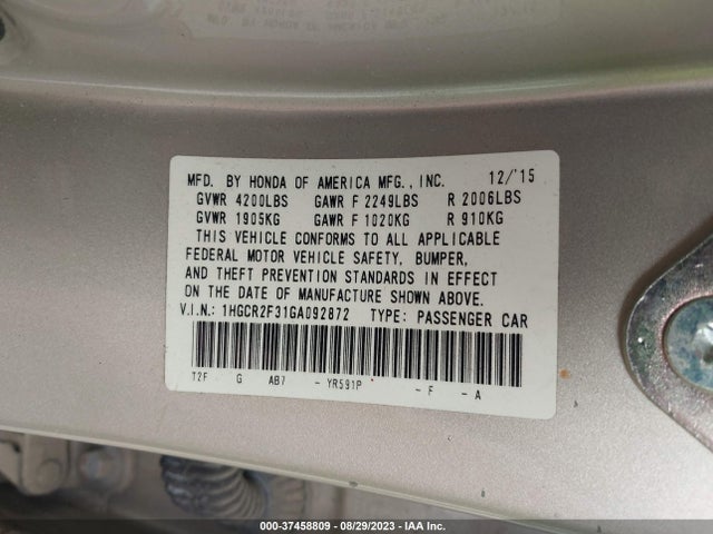 Honda ACCORD LX 2016 1HGCR2F31GA092872 Image 9