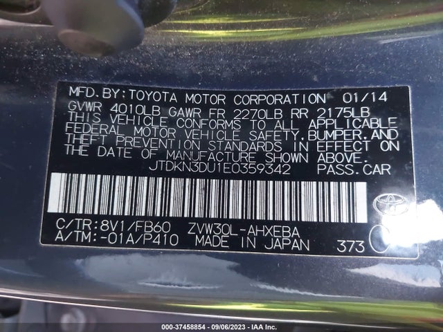 Продаж на аукціоні авто 2014 Toyota Prius Four/five/three/one/two, vin: JTDKN3DU1E0359342, номер лоту: 37458854